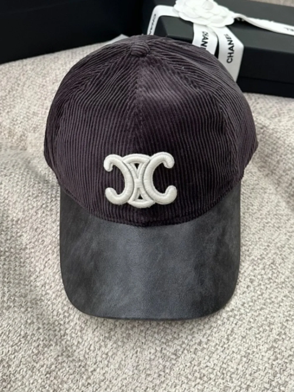 Celine: Black Corduroy Triomphe. Embroidered Logo Baseball Hat Cap